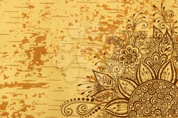 Calligraphic Vintage Pattern, Symbolic Flowers and Leafs, Abstract Floral Outline Ornament, Brown Contours on Wood Texture, Underside Fallow Birch Bark