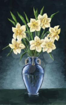 Flowers Narcissus Bouquet in a Green Transparent Glass Vase, Low Poly. VectorFlowers Narcissus Bouquet in a Blue Vase, Low Poly. Vector