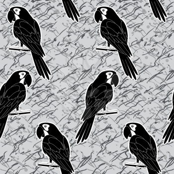 Seamless pattern, cartoon black and white silhouettes parrots on abstract grey background. Vector