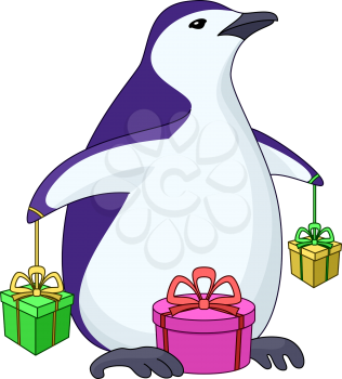 Antarctic dark blue penguin with three gift boxes