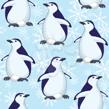 Seamless pattern, cartoon Antarctic penguins and egg on a blue background with snowflakes. Vector