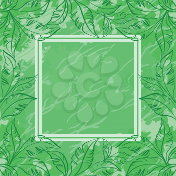 Abstract green floral background. Contour leaves, frame and grunge pattern. Vector