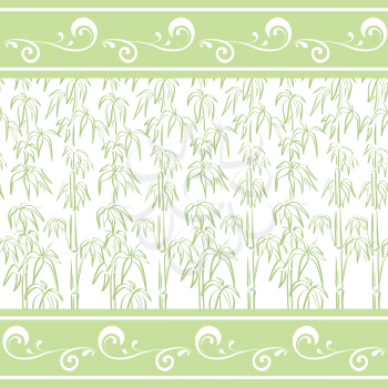 Seamless exotic background, green and white contour bamboo plants and abstract pattern. Vector
