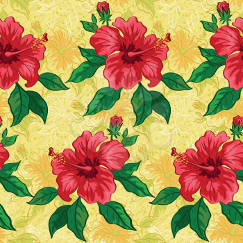 Seamless floral background, pattern of hibiscus flowers, leaves and contours. Vector