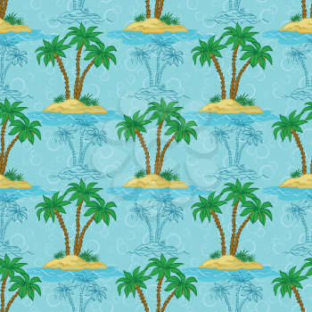 Seamless pattern, sea island with palm trees and blue contours. Vector