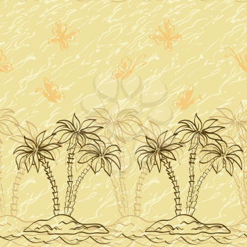 Seamless background, palm trees and butterflies contours and abstract pattern. Vector
