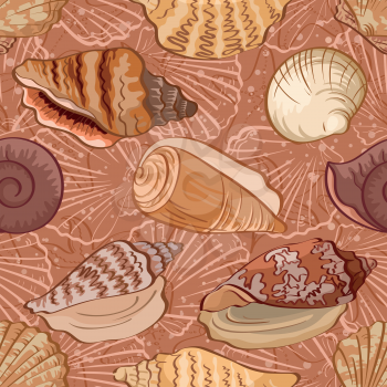 Seamless background, pattern with marine seashells and contour. Vector