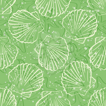 Seamless background, marine seashells and starfishes, white contour on green background. Vector