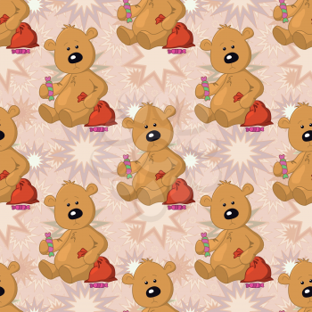 Seamless pattern, cartoon teddy bear sits with a sweet and Christmas bag on abstract stars background. Vector