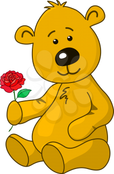 Cartoon Teddy Bear Sits With Rose Flower. Vector