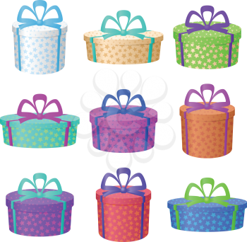 Set multi coloured round gift boxes with a patterns and bows, isolated on white background. Vector