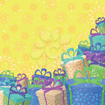 Holiday background with a pattern of festive gift boxes and stars. Vector