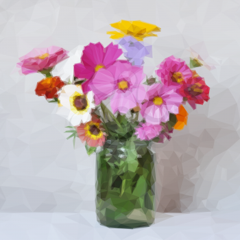 Flowers Bouquet in a Green Transparent Glass Jar, Low Poly. Vector