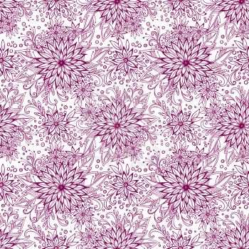 Seamless Pattern, Tile Contours Floral Ornament, Symbolic Flowers, Leafs and Rings Isolated on White Background. Vector