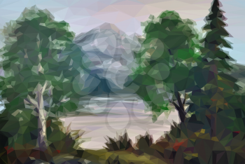 Landscape, Trees on the Shore of a Mountain Lake, Low Poly. Vector