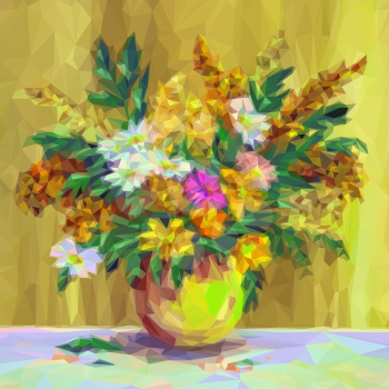 Summer Flowers Bouquet in a Vase, Low Poly. Vector