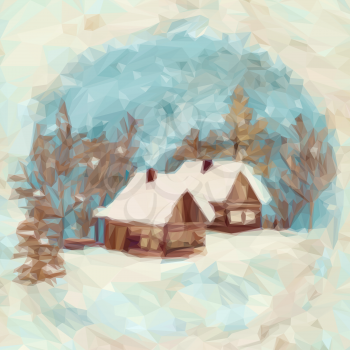 Christmas Landscape, Village Houses in the Winter Snowy Forest, Low Poly. Vector