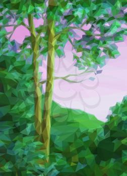 Landscape, Summer Forest with Green Trees, Low Poly. Vector
