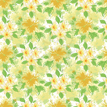 Seamless floral pattern, hibiscus and plumeria flowers on abstract background. Vector
