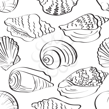 Seamless background, different marine seashells, black contour on white background. Vector