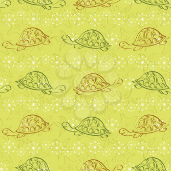 Seamless pattern, sea turtles, starfishes and flower, contours on yellow background. Vector