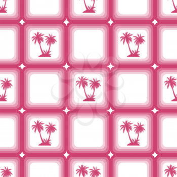 Seamless Pattern, Exotic Landscape, Red Tropical Palm Trees in Pink Squares on Tile White Background. Vector