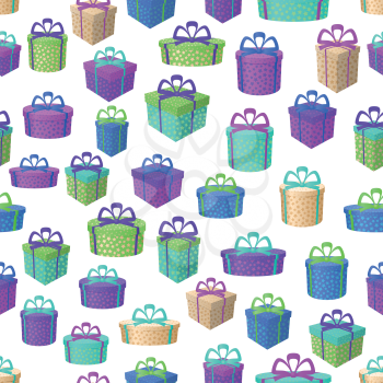 Holiday Seamless Pattern, Festive Colorful Gift Boxes Isolated on Tile White Background. Vector