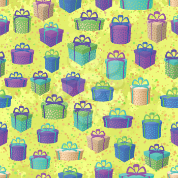 Holiday Seamless Pattern, Festive Colorful Gift Boxes on Abstract Tile Background. Vector