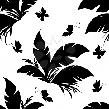 Seamless Floral Pattern, Exotic Plant and Butterfly Silhouettes Isolated on White Tile Background. Vector