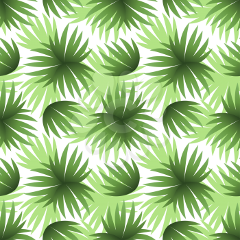 Seamless Floral Pattern, Green Leaves Exotic Plants and Silhouettes on White Tile Background. Vector