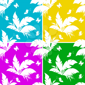 Set Seamless Floral Patterns, Exotic Plant and Butterfly White Silhouettes on Colorful Tile Background. Vector