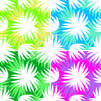 Set Seamless Floral Patterns, Exotic Plants Leaves White Silhouettes on Colorful Tile Backgrounds. Vector