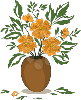Bouquet of Orange Flowers and Green Leaves in a Brown Clay Vase Isolated on White Background. Vector