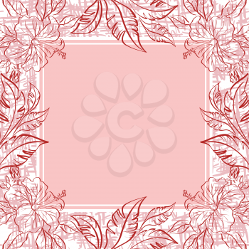 Abstract background, pattern, frame of outline hibiscus flowers and leaves. Vector