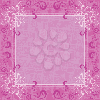 Abstract pink floral background. Contour flowers, frame and grunge pattern. Eps10, contains transparencies. Vector