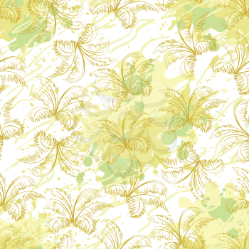 Seamless exotic background, contour plants leaves and abstract pattern. Vector