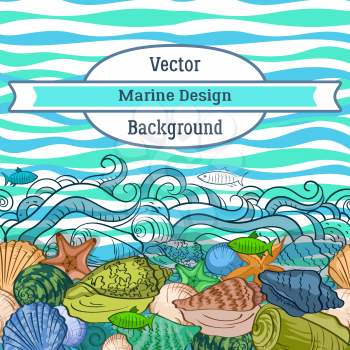 Sea Exotic Pattern, Seashells, Fishes, Starfish Colorful and Contours on a Blue and Green Wave Background. Vector
