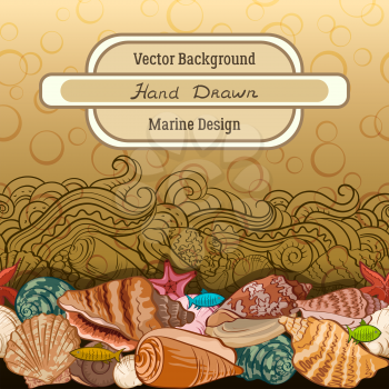 Sea Exotic Pattern, Fishes, Seashells, Starfish Colorful and Contours on a Brown Bubble Background. Vector