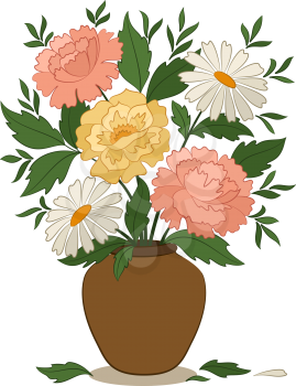 Bouquet Peonies and Chamomile Flowers and Green Leaves in a Brown Clay Vase Isolated on White Background. Vector