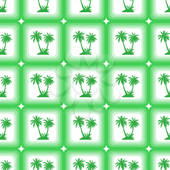 Seamless Pattern, Exotic Landscape, Green Tropical Palm Trees in Squares on Tile White Background. Vector