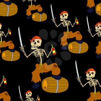 Seamless Wallpaper, Cartoon Evil Zombie Pirate Jolly Roger Skeleton with a Sword, Bottle of Wine and Barrel on Black Tile Background. Vector