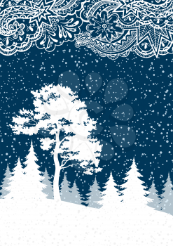 Christmas Winter Forest Landscape with Pine and Firs Trees White Silhouettes, Snow and Abstract Pattern. Vector