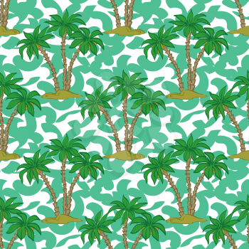 Seamless Pattern, Exotic Landscape, Tropical Palm Trees and Tile Green and White Background. Vector