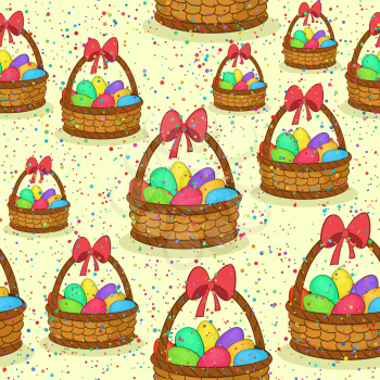 Seamless Pattern, Basket with Colorful Painted Chicken Eggs and Red Bow on the Handle. Easter Holiday Tile Background. Vector