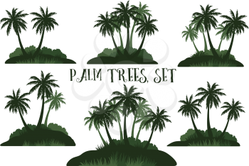 Set Exotic Landscapes, Tropical Palm Trees, Bushes and Grass Green Silhouettes Isolated on White Background. Vector