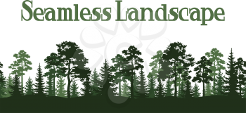 Seamless Horizontal Summer Forest with Pine and Fir Trees Green Silhouettes on White Background. Vector