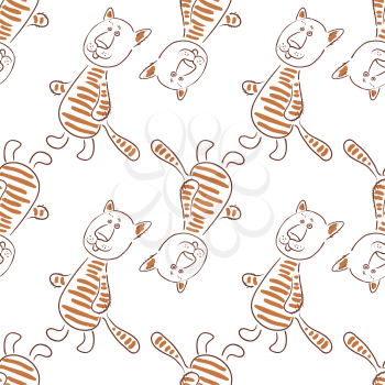 Seamless Pattern, Cartoon Animal, Tiger or Cat Isolated on Tile White Background. Vector