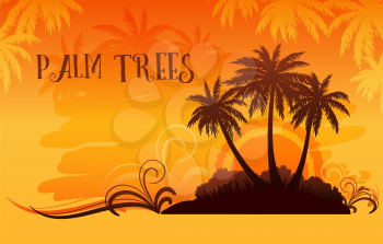 Exotic Tropical Landscape, Palm Trees Silhouettes Against the Background of the Orange Morning or Evening Sky, Sunrise or Sunset. Vector