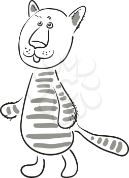 Cartoon Animal, Tiger or Cat is Coming, Black and Grey Contours, Isolated on White Background. Vector