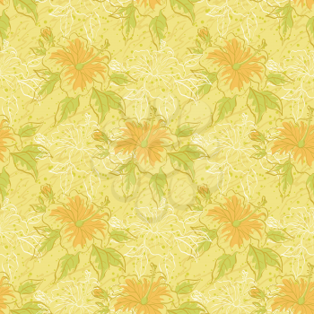 Seamless floral background, hibiscus flowers, leaves and contours and abstract pattern. Vector